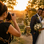 fotógrafo de casamento fotografando o casal ao entardecer em cerimônia ao ar livre