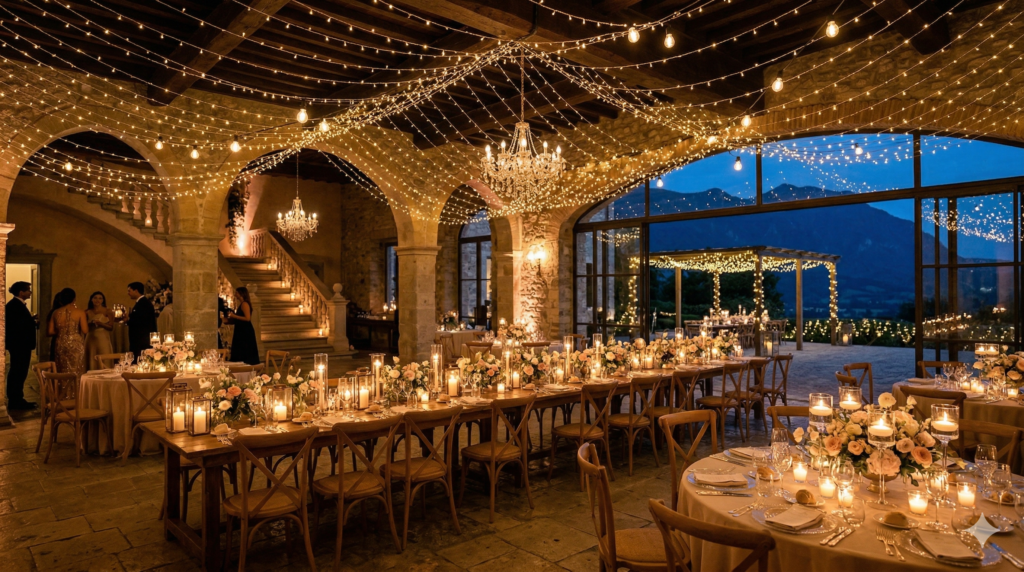 iluminação de decoração de casamento 2026 com luzes quentes criando ambiente romântico