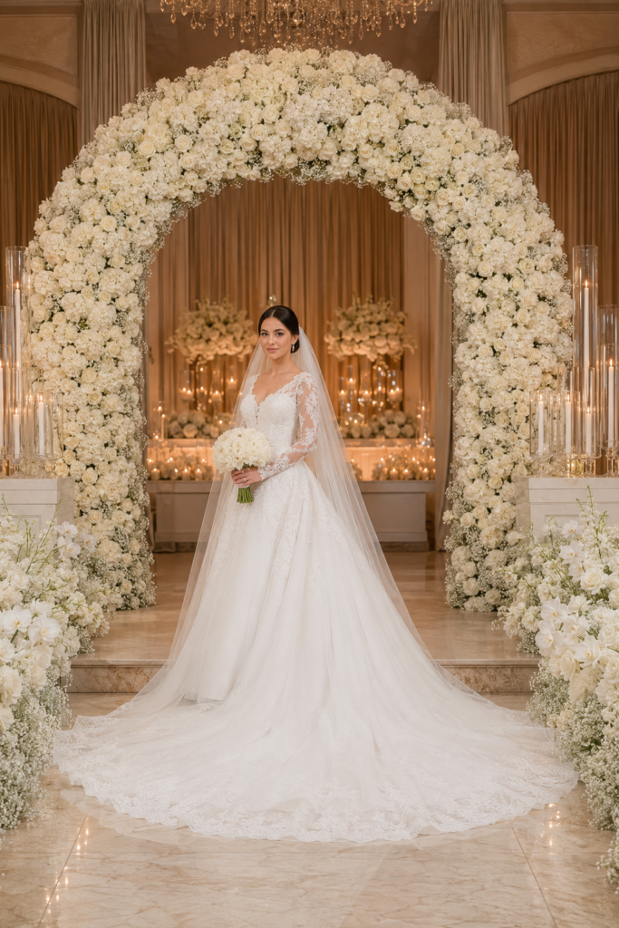 noiva no altar de casamento 2026 com arco floral elegante e decoração sofisticada com iluminação suave