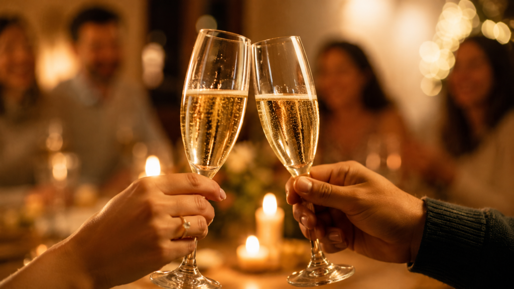 brinde de comemoração com taças de espumante após o sim do pedido de casamento