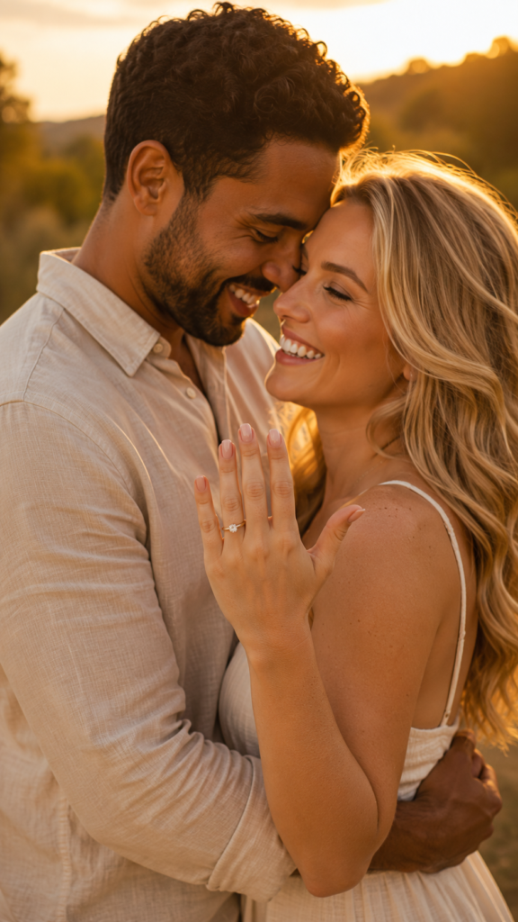 casal abraçado mostrando a aliança no dedo após o pedido de casamento aceito