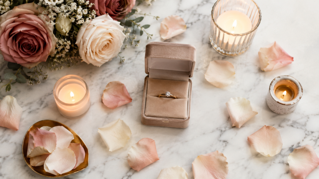 flat lay com caixinha de aliança aberta velas e pétalas no preparo do pedido de casamento