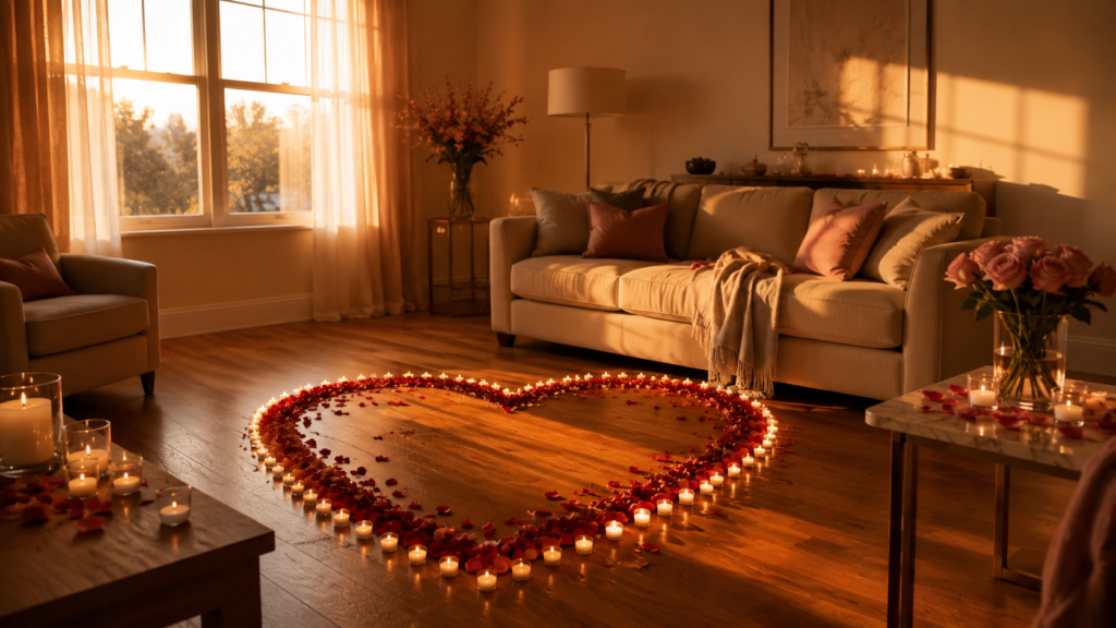 pedido de casamento simples em casa com velas e pétalas de rosa formando um coração