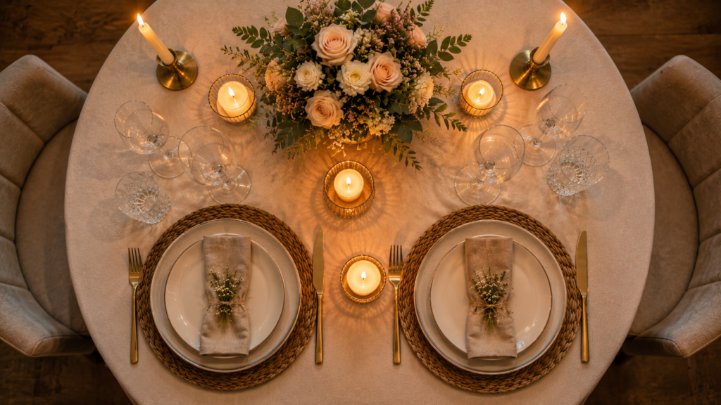 mesa romântica vista de cima preparada para um pedido de casamento com velas e flores