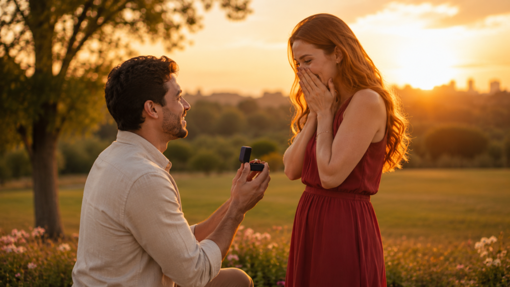 pedido de casamento ao pôr do sol com uma pessoa ajoelhada e o casal emocionado