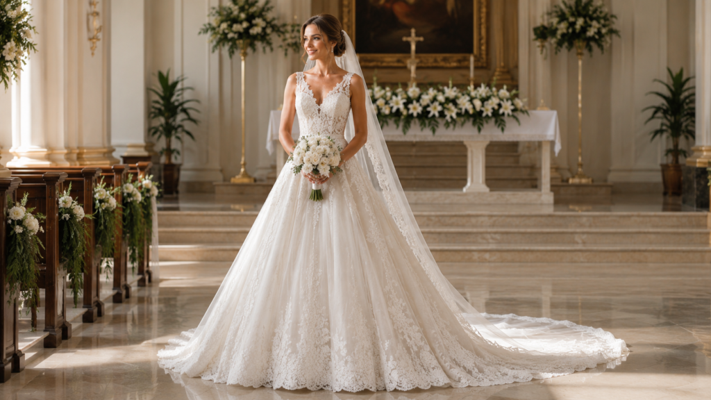 noiva em vestido de noiva clássico e atemporal de corpo inteiro