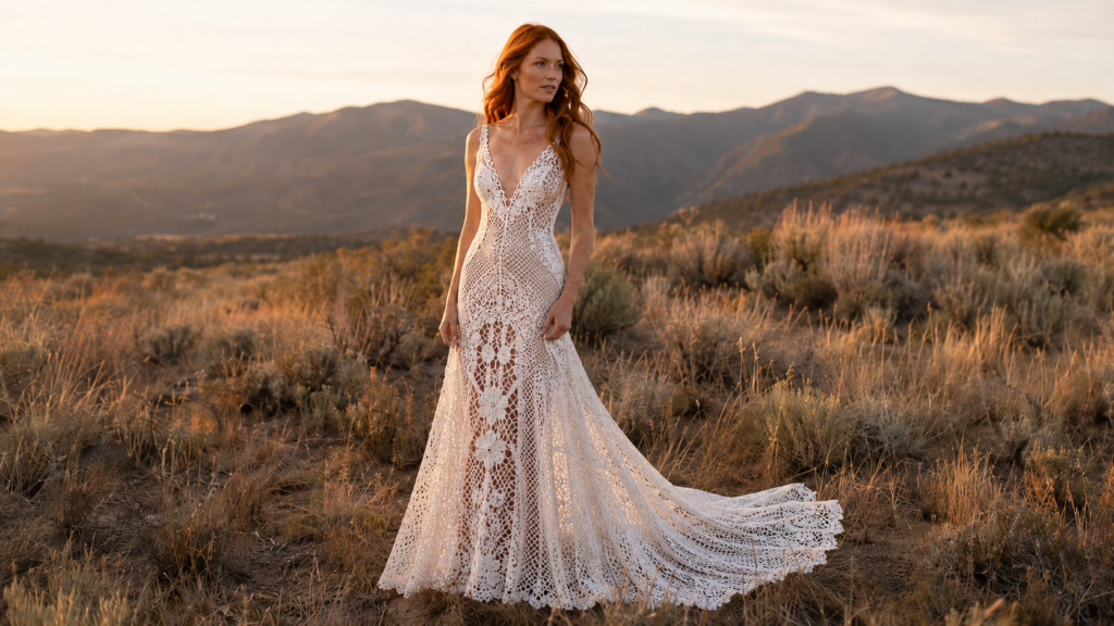 noiva em vestido de noiva de crochê boho ao ar livre