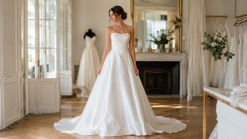 tendências de vestido de noiva 2026 com noiva em vestido elegante de corpo inteiro