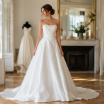 tendências de vestido de noiva 2026 com noiva em vestido elegante de corpo inteiro
