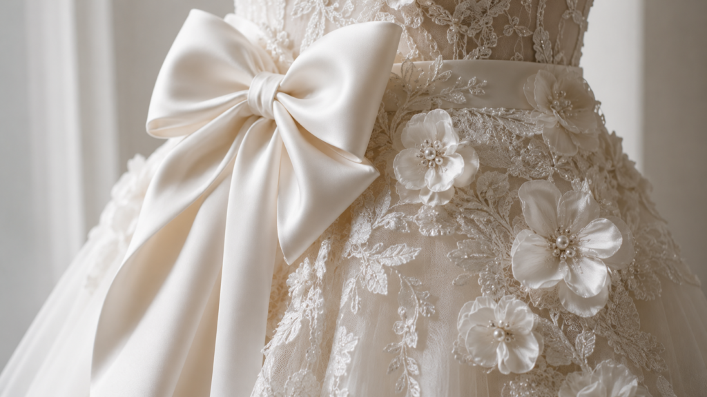 detalhe de laço e flores 3D em vestido de noiva