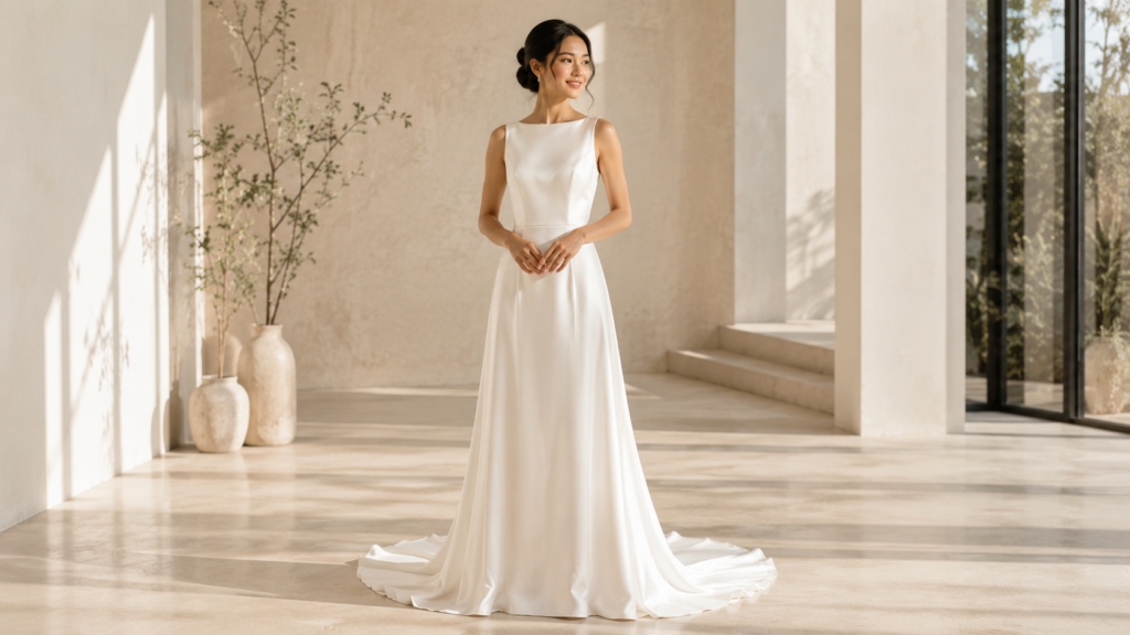 noiva em vestido de noiva minimalista de cetim