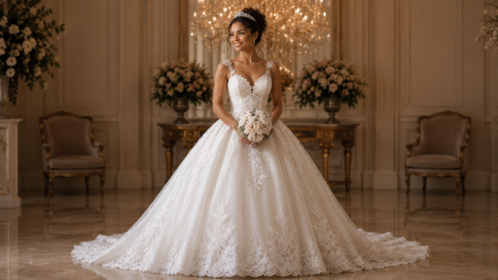 noiva em vestido princesa com renda clássica