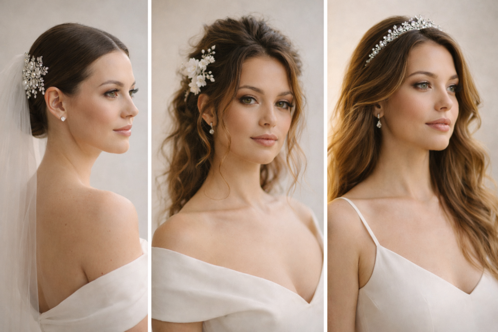 Acessórios para penteado de noiva 2026, véu, tiara de pérolas e arranjo de flores