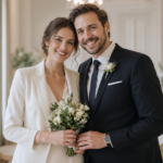 casal jovem recém-casado no civil sorrindo com as alianças e o buquê no cartório