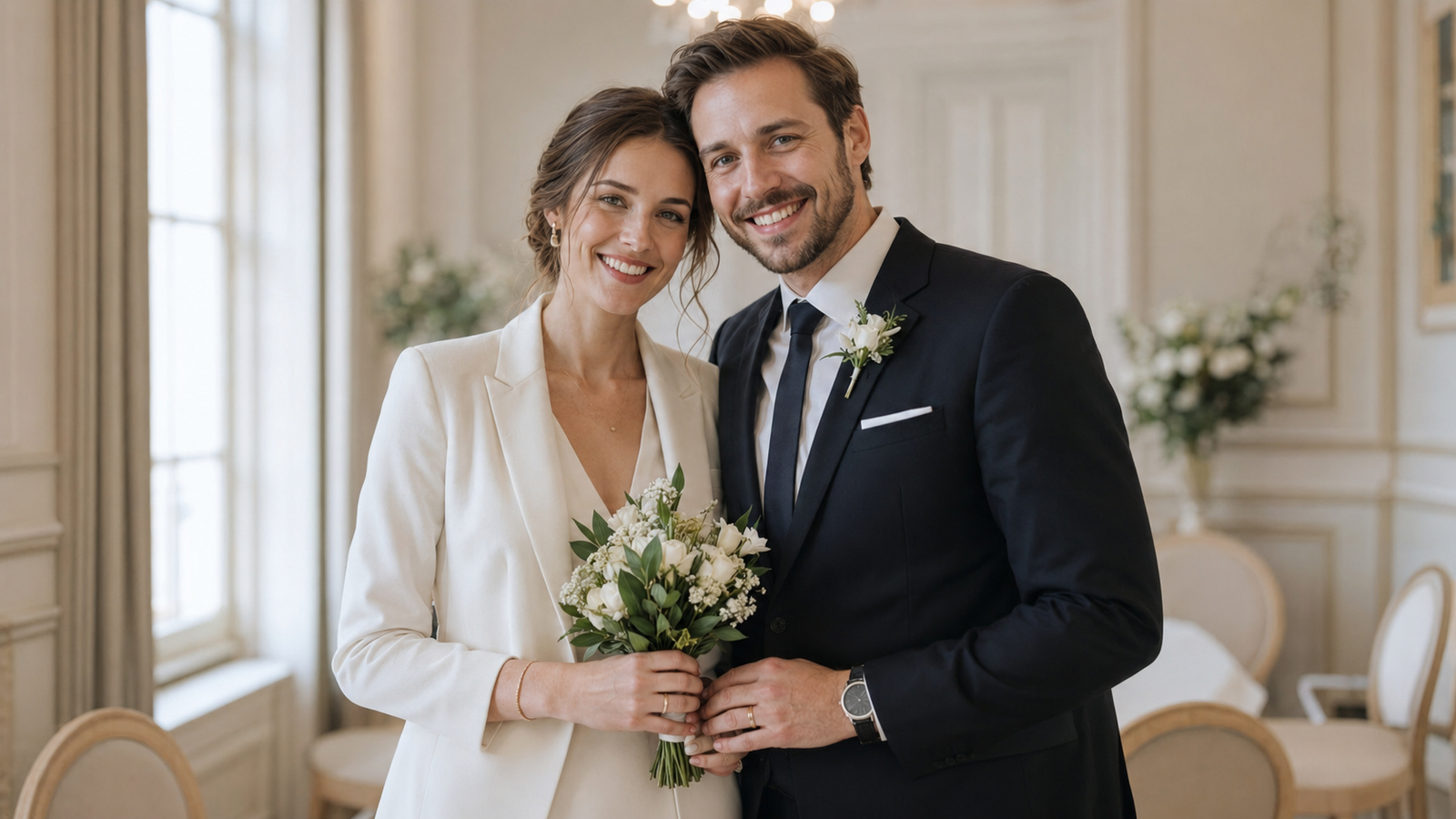 casal jovem recém-casado no civil sorrindo com as alianças e o buquê no cartório