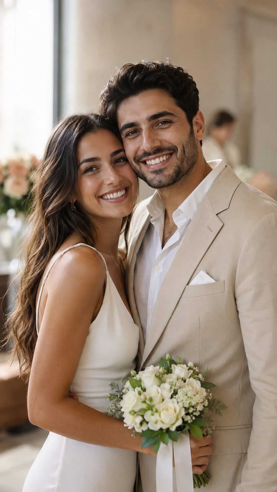 casal recém-casado no civil abraçado em retrato vertical
