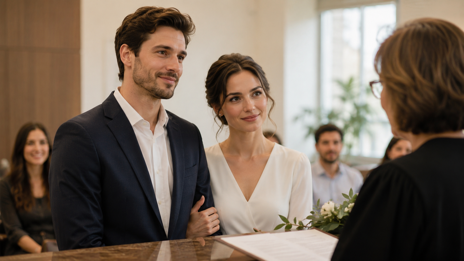 casal durante a cerimônia de casamento civil diante do oficial no cartório