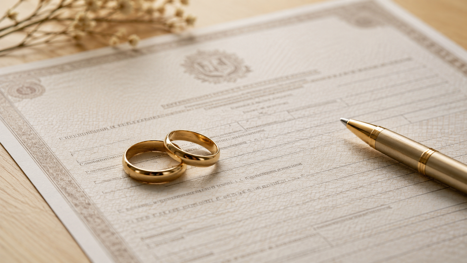 certidão de casamento com duas alianças douradas e uma caneta sobre a mesa do cartório