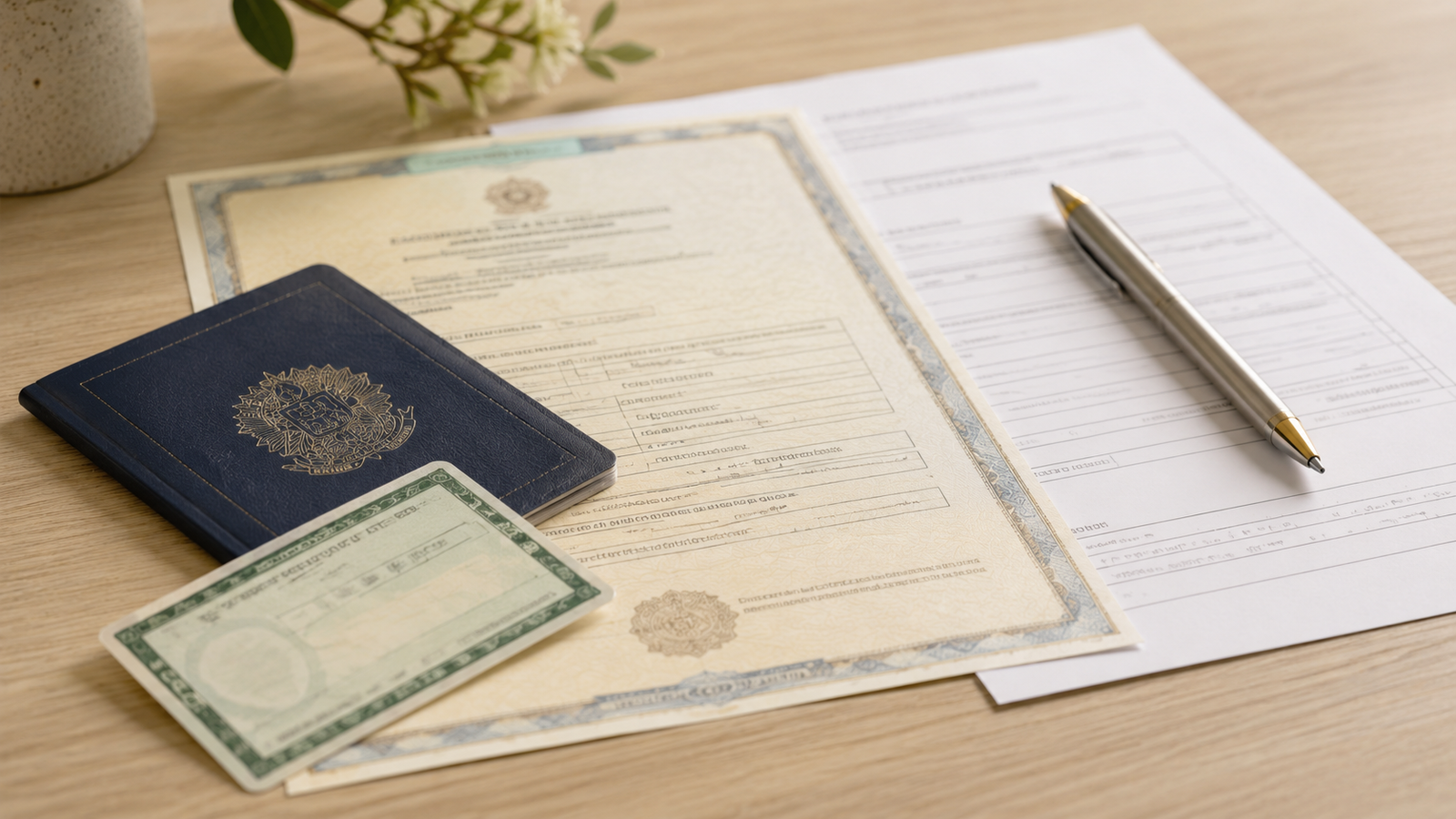 documentos para casar no civil sobre a mesa, identidade, certidão e caneta