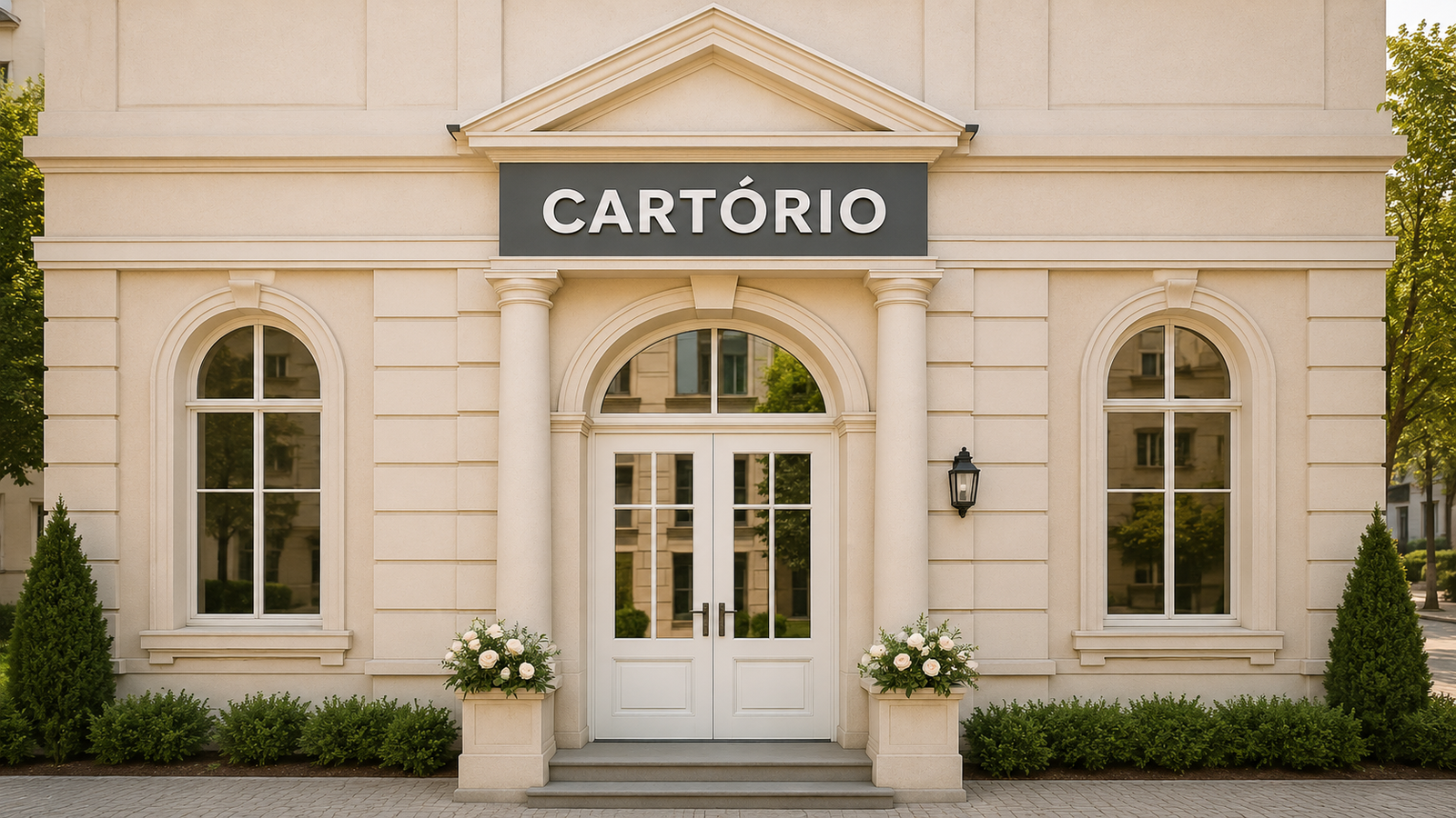 fachada de um cartório de registro civil com colunas e a placa Cartório na entrada