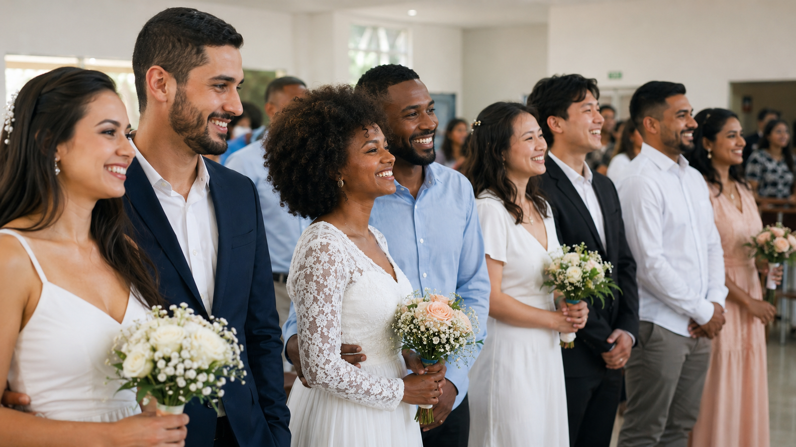 vários casais em um casamento comunitário gratuito no civil