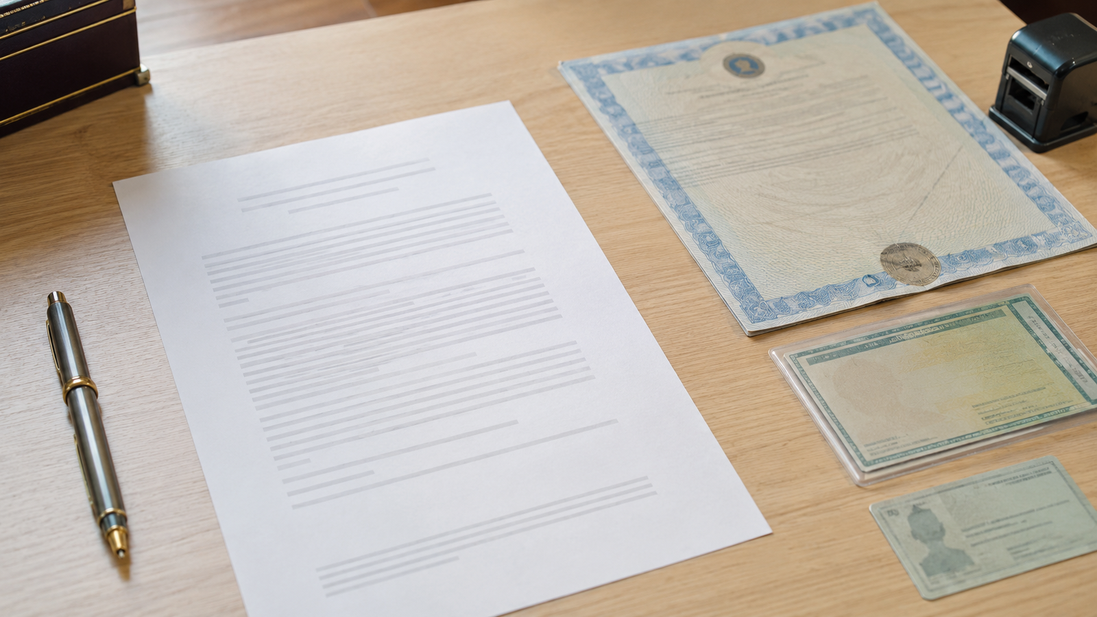 documentos e uma declaração sobre a mesa do cartório, com caneta, para o casamento civil gratuito