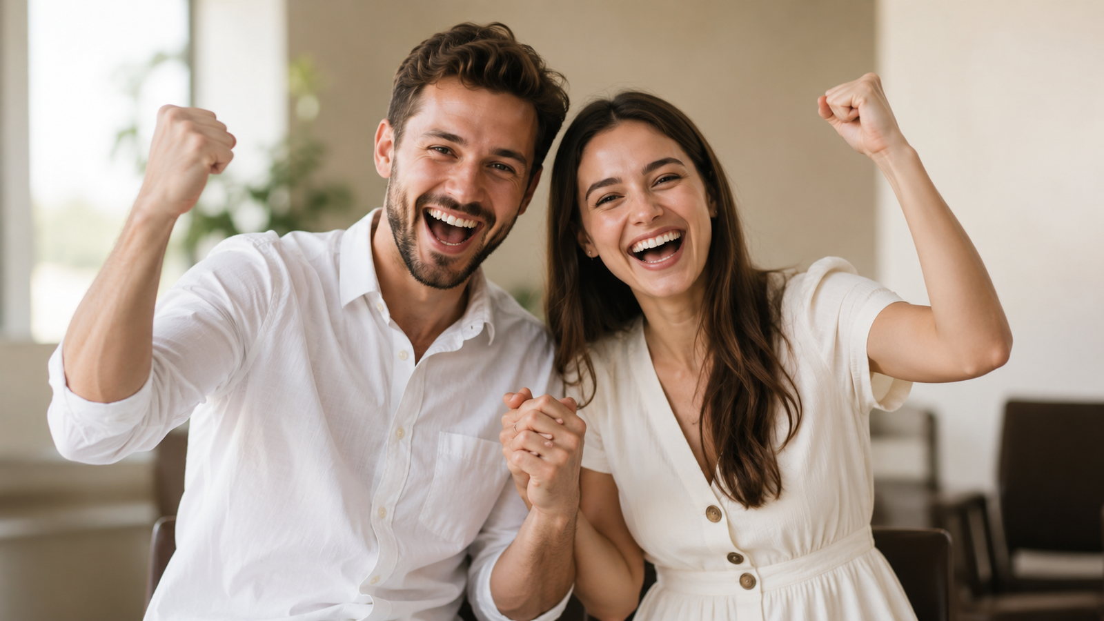 casal jovem feliz comemorando a economia do casamento civil gratuito