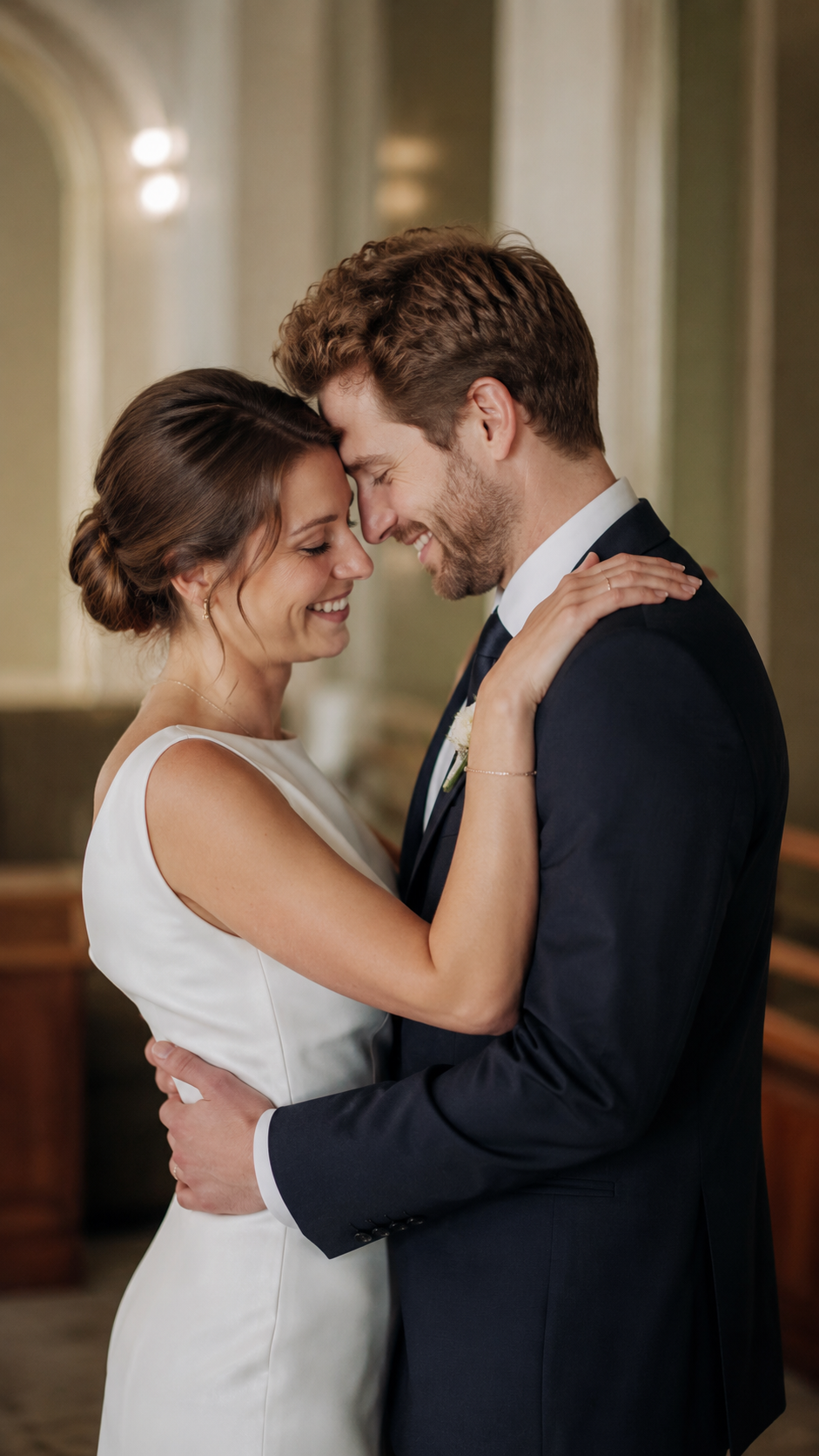 casal recém-casado no civil abraçado e emocionado em retrato vertical