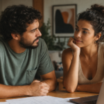 Casal decidindo entre casamento civil ou união estável em casa, conversando com laptop e documentos