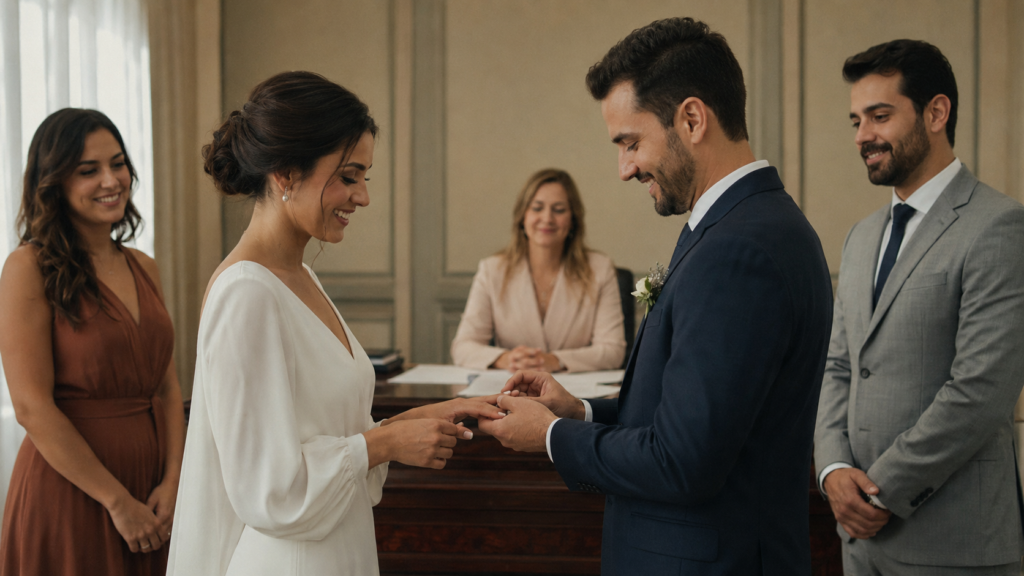 Cerimônia de casamento civil no cartório, o único tipo com valor legal, com os noivos trocando alianças