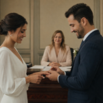 Cerimônia de casamento civil no cartório, o único tipo com valor legal, com os noivos trocando alianças