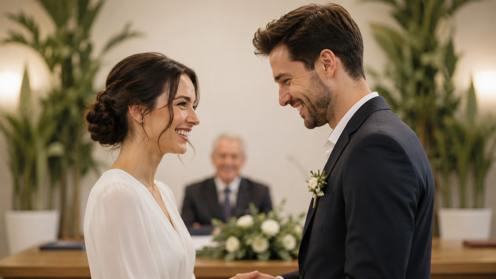 casal trocando as alianças numa cerimônia de casamento civil simples e elegante