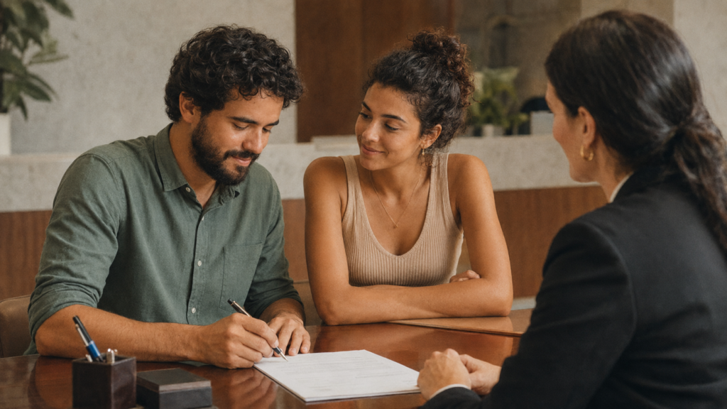 Casal formalizando a relação no cartório, assinando escritura de união estável ou habilitação de casamento civil