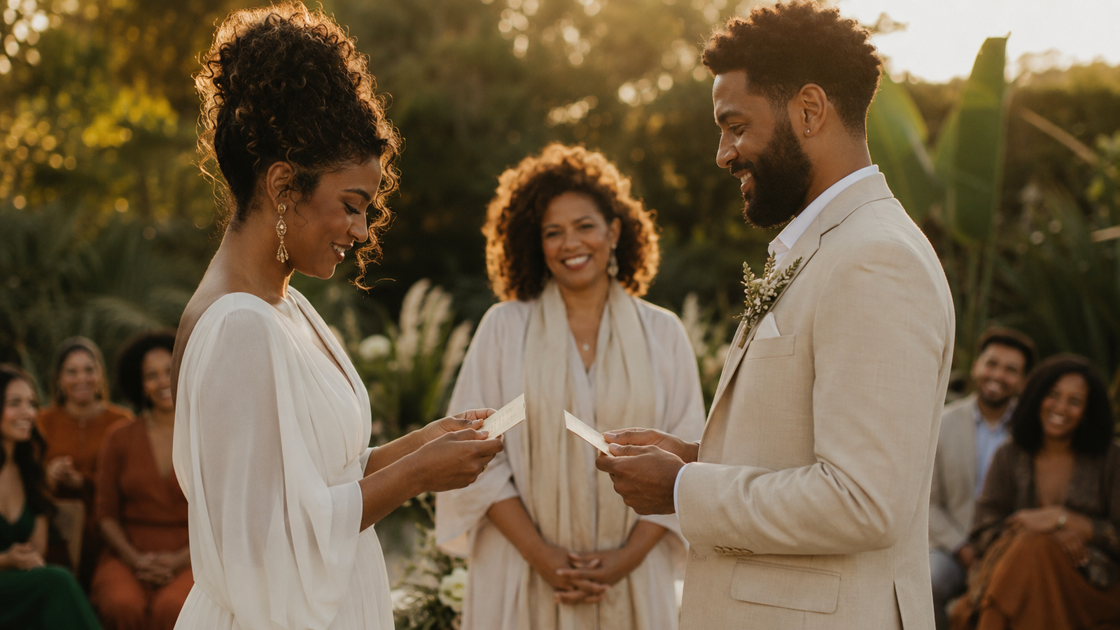 Cerimônia de casamento simbólico ao ar livre com celebrante, sem valor legal mas cheia de significado