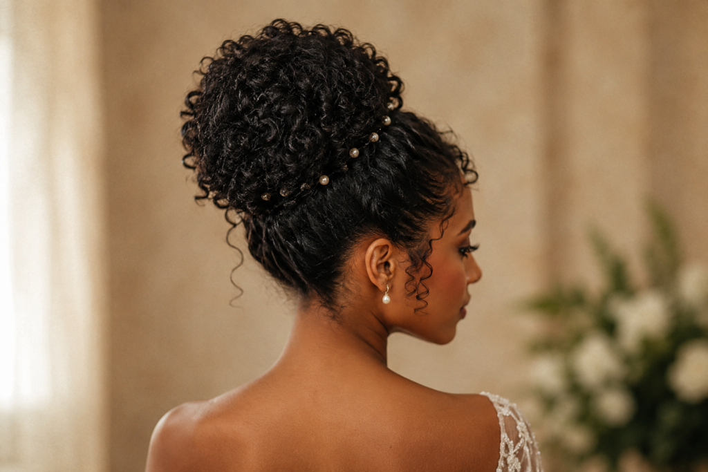 Coque alto escultural em cabelo cacheado, penteado de noiva 2026