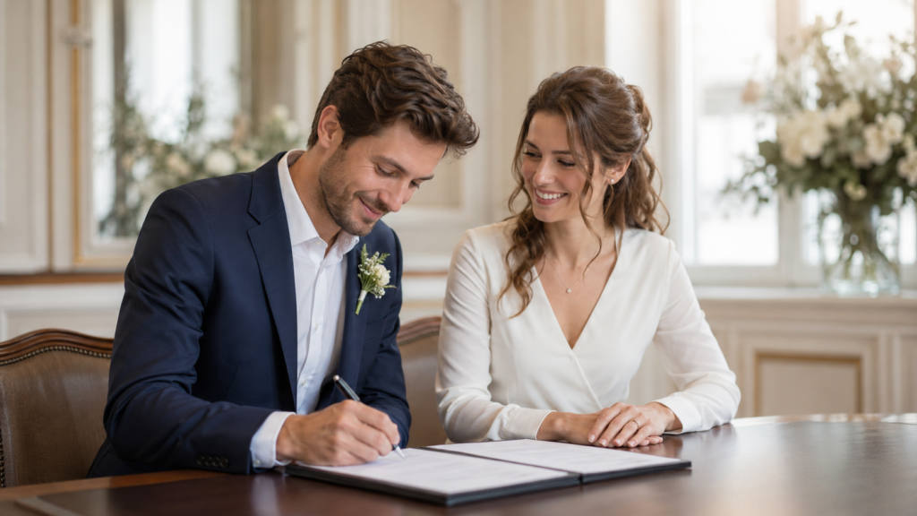 casal jovem assinando o registro de casamento e decidindo o novo sobrenome no cartório
