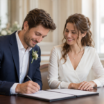 casal jovem assinando o registro de casamento e decidindo o novo sobrenome no cartório