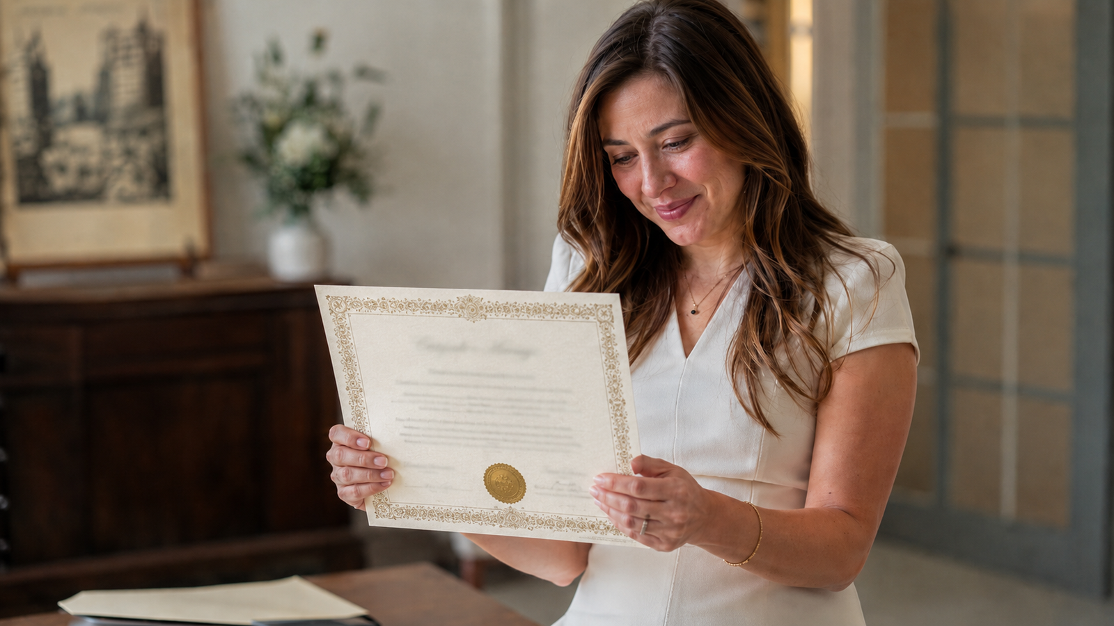 mulher após a mudança de sobrenome no casamento segurando a certidão de casamento