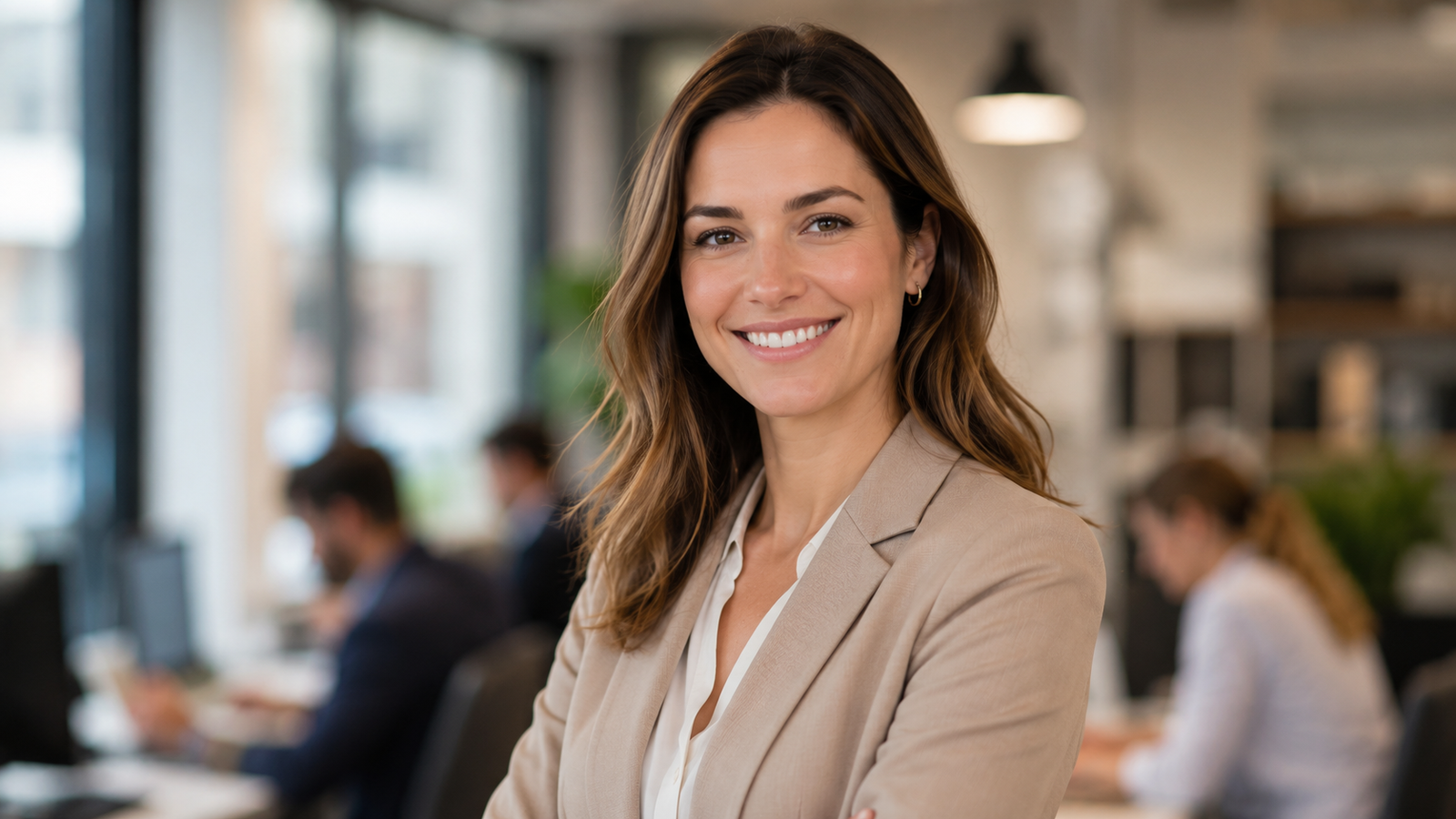 mulher jovem profissional sorrindo em ambiente de trabalho, pensando na identidade profissional