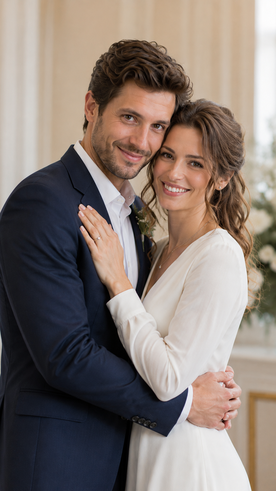 casal recém-casado abraçado e feliz em retrato vertical