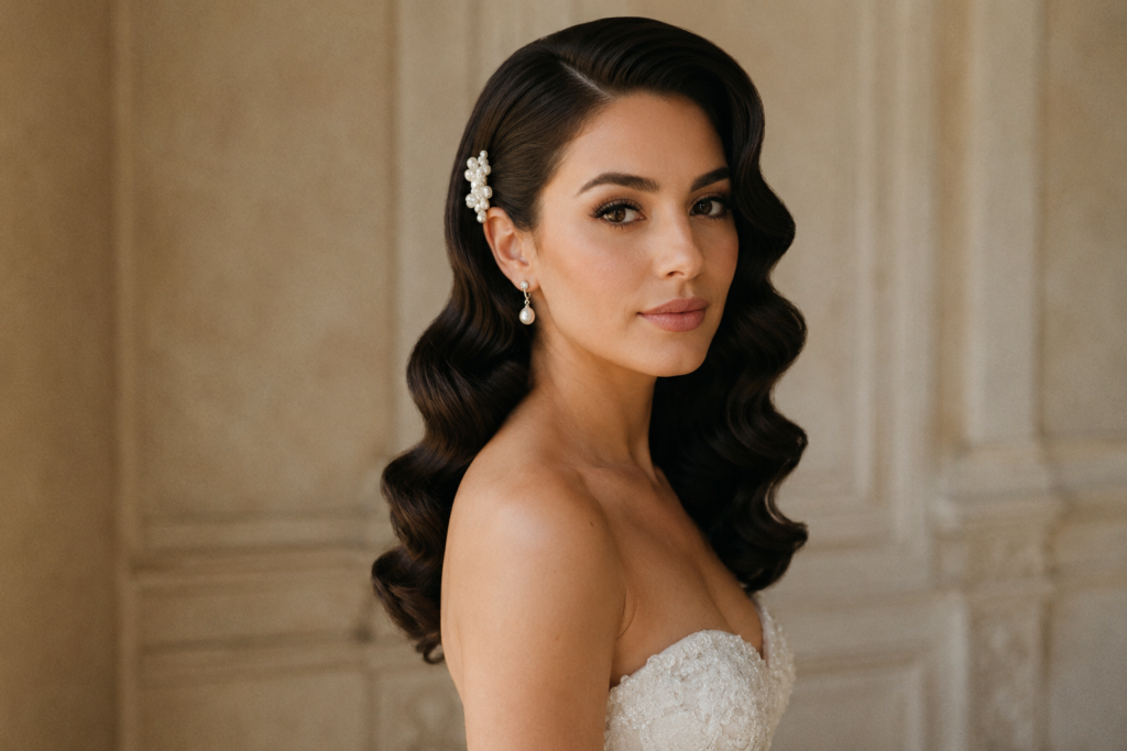 Ondas polidas vintage em cabelo liso, penteado de noiva 2026