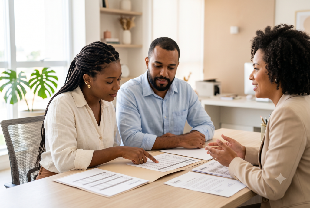 Casal comparando propostas e orçamentos de fornecedores de casamento com uma consultora sentada à mesa
