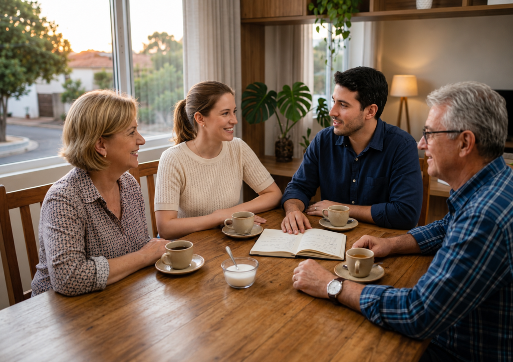 Casal jovem conversando com os pais sobre o orçamento e as contribuições financeiras do casamento, à mesa com café e um caderno de planejamento