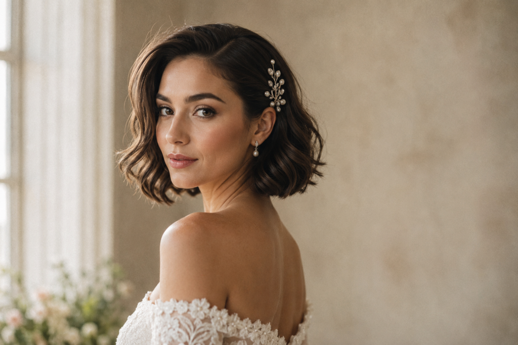 Penteado de noiva para cabelo curto 2026, bob com ondas e acessório