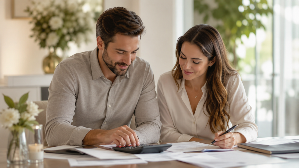 casal jovem planejando o custo do casamento civil com papéis e calculadora sobre a mesa
