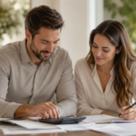 casal jovem planejando o custo do casamento civil com papéis e calculadora sobre a mesa