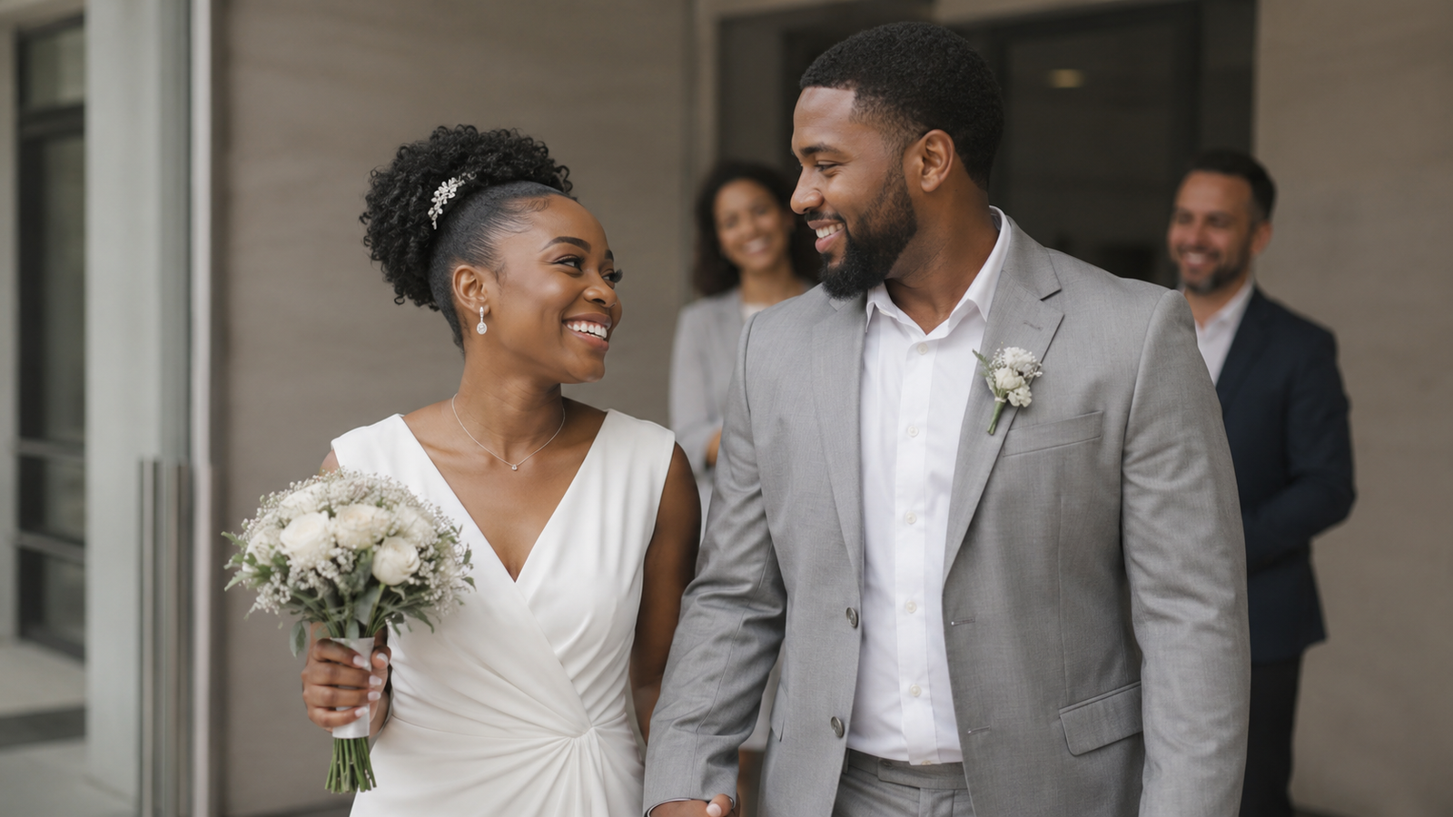 casal recém-casado feliz saindo do cartório após o casamento civil