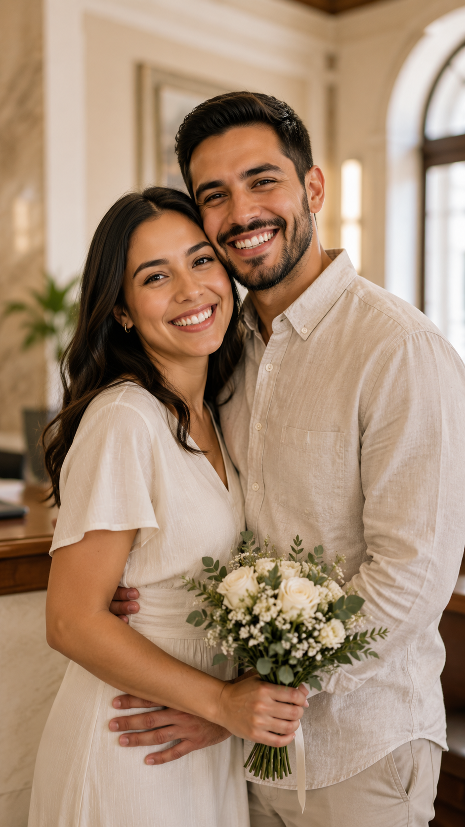 casal recém-casado no civil abraçado em retrato vertical