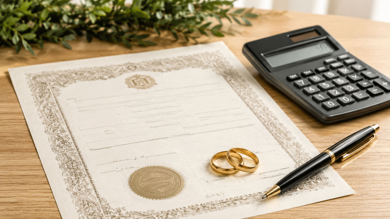 certidão, calculadora e alianças ilustrando quanto custa casamento civil no cartório