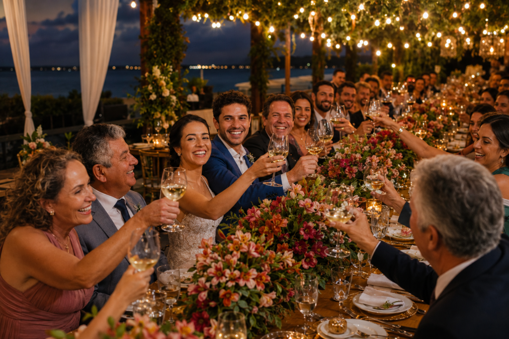 Convidados e noivos brindando em uma mesa longa de recepção de casamento, mostrando como o número de convidados pesa no custo